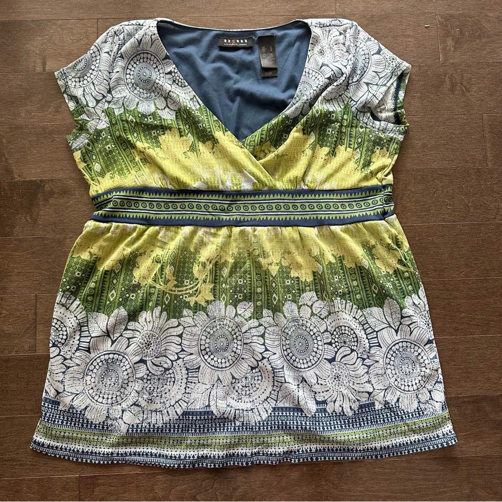 Axcess by Liz Claiborne Babydoll Top 90's Y2K Floral Blue Green L‎